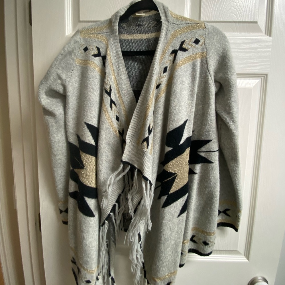 Arden B sweater with tribal pattern and fray hem